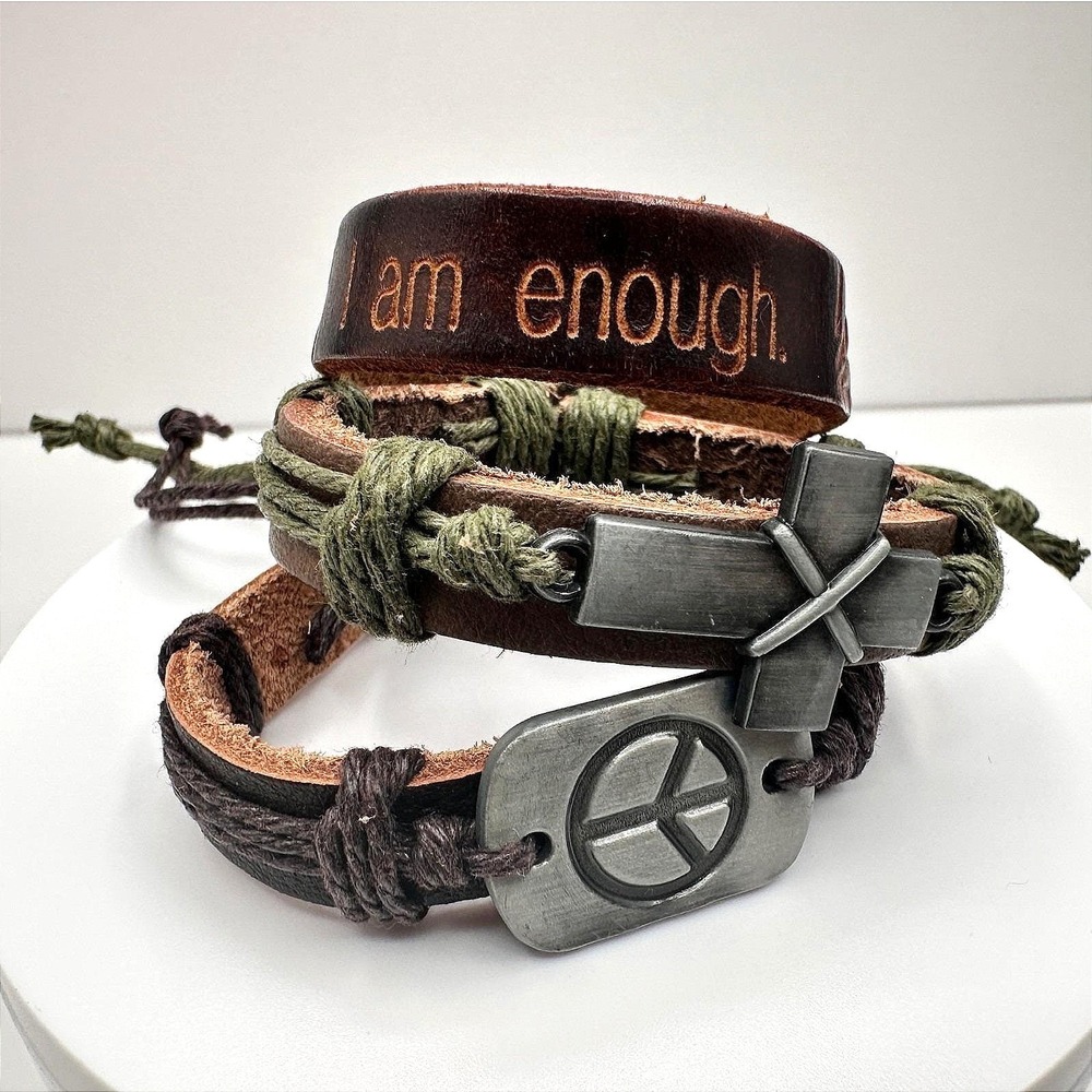 Vintage 90s Brown Leather Wrap Bracelet Set Peace Cross I Am Enough Boho Jewelry